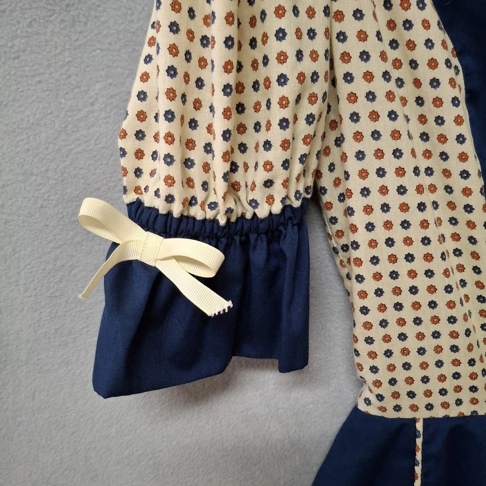 Handmade Girl Dress Size 16 Navy Floral   Short Puff Sleeve Ruffled Bows Country